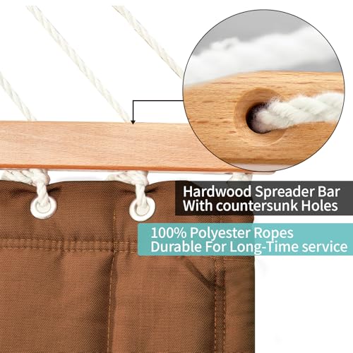 Double Quilted Fabric Hammock with Hardwood Spreader Bars and Pillow 450 LBS Capacity 2 Person Large Hammock for Outdoor Patio Backyard Poolside - Brown - color: Brown