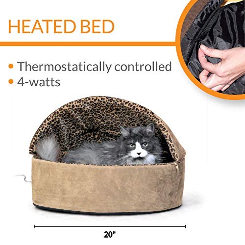 K&H Pet Products Thermo-Kitty Bed Deluxe Heated Cat Bed for Large Kitties - Indoor Heated Pet Bed for Dogs & Cats, Covered Cave Pet Tent, Machine Washable, Safety Listed - Large 20in Tan/Leopard - color: Tan, size: Large 20 Inches 4 Watts