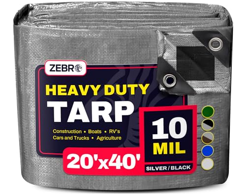 20' x 40' Silver/Black Heavy Duty Tarp with Grommets Reinforced - 10 Mil Thick - Double Sided Plastic Waterproof Tarps - Large Tarpaulin Cover for Outdoor Camping Tent Tarp RV Roof Rain - Zebro - color: Silver/Black, size: 20' x 40'