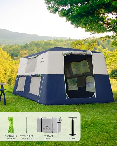 CORANI 14.1'x6.5'x9' Inflatable Tents for Camping, Portable 6/8/10 Person Blow Up Air Tent, Waterproof Windproof Easy Setup Large Family Tent with 2 Doors, 6 Windows, Mosquito Screen - color: Navy Blue, size: 10 person 14.1x9ft