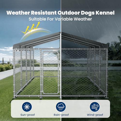 20x10 FT Extra Large & Heavy Duty Dog Kennel Run - Outdoor Metal Enclosure with Lockable Door and Waterproof Cover for Big Dogs - size: 240x120in