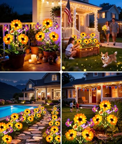 KOOPER Solar Garden Lights Outdoor Decor, Upgraded 4 Pack Solar Sunflower Lights with 16 Butterflies, Solar Flowers Outdoor Waterproof for Yard Lawn Garden Decor, Sunflower Gifts for Mom Women Grandma