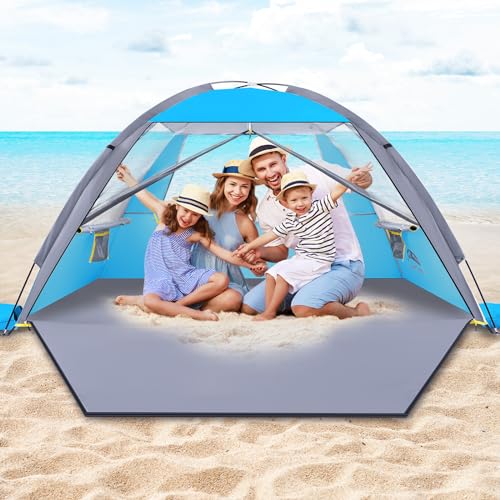 Happy Travel Beach Tent, UPF 50+ UV Protection Sun Shade Shelter for 3/4/5/6/7/8 Person, Portable Beach Canopy for Family & Baby, Lightweight & Easy Setup Beach Cabana with 3 Ventilation Mesh Windows - color: Sky Blue, size: 4 Person