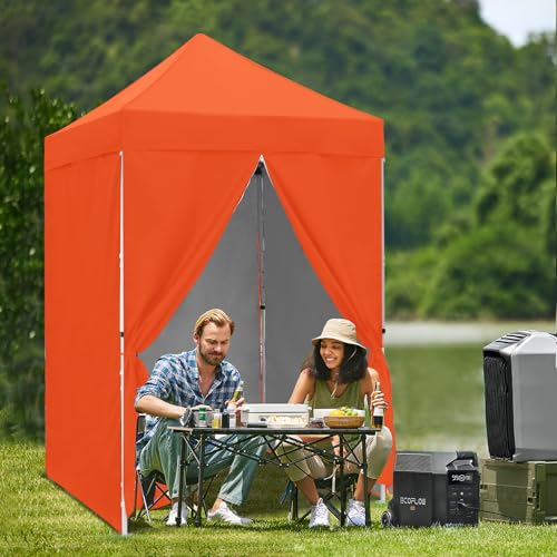 5x5 Pop Up Canopy Tent with Four Sidewalls, Instant Portable Beach Canopy, Outdoor Tent with Carry Bag for Camping, Sports, Tailgating, Events, Orange - color: Orange, size: With Four Walls