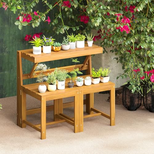 HAPPYGRILL 3-in-1 Acacia Wood Outdoor Dining Table Bench Set, with 2 Built-in Chairs, Plant Stand, Patio Bench Table for Backyard Garden