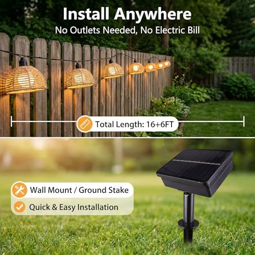 TWINKVILLA Solar Rattan String Lights Outdoor, 16FT 16 LED Half-Globe Hemisphere Wicker Lanterns, IP65 Waterproof Solar Powered Patio Lights, Boho Decorative Hanging Lighting for Garden Porch Wedding