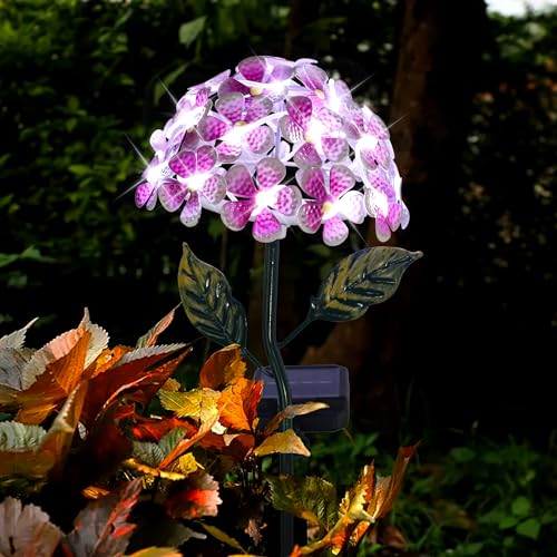 Solar Hydrangea w/26 LED Lights, Metal Ground Stake, 3 Colors - Pink - color: Pink