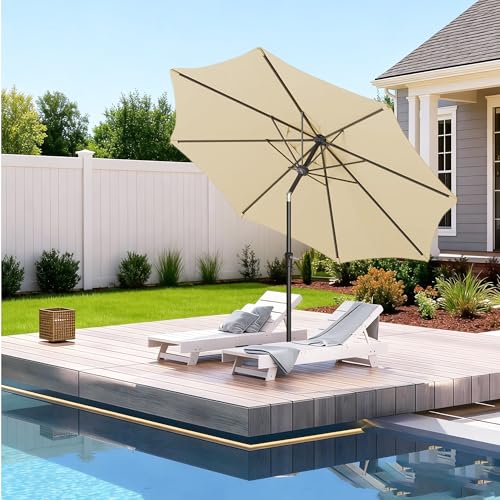 9FT Outdoor Patio Umbrella Outdoor pool Umbrella with Push Button Tilt and Crank, Market Umbrella 8 Sturdy Ribs UV Protection for Garden, Deck, Backyard (Beige) - color: Beige