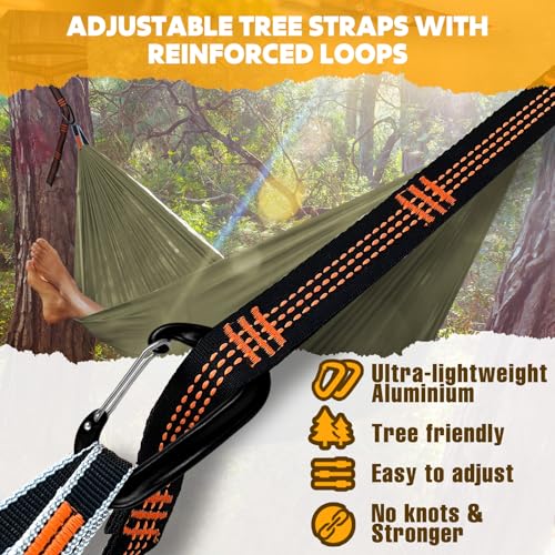 NATUREFUN Ultra-Light Travel Camping Hammock | 300kg Load Capacity,Breathable,Quick-Drying | 2 x Premium Carabiners,2 x Nylon Slings Included | Outdoor Indoor Garden - color: Army-green, size: 300x200cm
