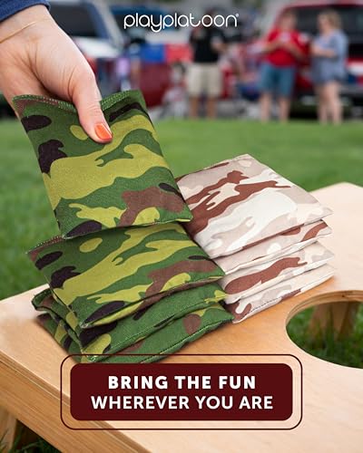 Play Platoon Cornhole Bags Weather Resistant- Set of 8 Regulation Bean Bags for Tossing- Official Professional Size & Weight Corn Hole Bags Two Color All Weather Cornhole Beans Bag Set with Tote Bag - color: Camo - Green & Tan