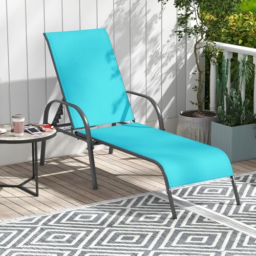 Giantex Patio Lounge Chair, Outdoor Chaise Lounge with 5 Adjustable Backrest, Sturdy Steel Frame, Sunbathing Recliner, Tanning Chair for Beach, Outside, Yard, Balcony, Pool Chairs (1,Turquoise) - color: Turquoise
