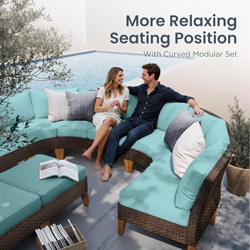 PHI VILLA Half Moon Patio Furniture Set with 56" Fire Pit Table, Outdoor Curved Wicker Sectional Sofa with Cushions and Ottomans, Aqua Blue - color: Aqua Blue+fire Pit, size: 5 Seats - Half Moon