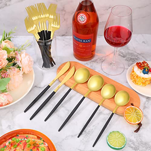 60 Pieces Stainless Steel Tableware Set Silverware Set Flatware Cutlery Utensils Spoon Fork Knives Service for 12 for Home Restaurant Apartment and Kitchens(Black Gold) - color: Black/Gold