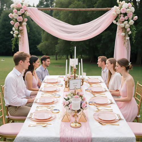 Supernal 350pcs Pink Plastic Plates,Plates Disposable Heavy Duty,Pink Disposable Plastic Dinnerware Set Include 50 Dinner Plate,50 Dessert Plate,50 Gold Cutlery,50 Cups&50 Napkins for Party&Wedding - color: 350pcs Pink and Gold Plastic Dinnerware Set