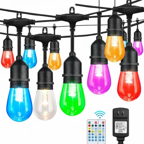 Auroraworld 96FT RGB Outdoor String Lights, Dimmable Color Changing Waterproof LED Patio Lights with Remote, 30 Shatterproof Bulbs for Garden Yard Party Decor - size: S14 96 Ft Rgb
