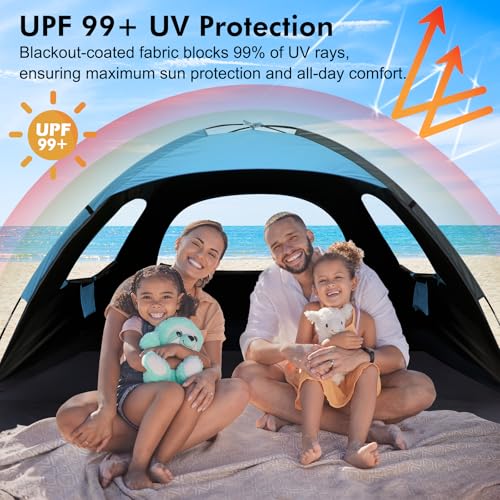 WhiteFang Beach Tent Anti-UV Portable Sun Shade Shelter for 3/4/6/8 Person, Extendable Floor with 3 Ventilating Mesh Windows Plus Carrying Bag, Stakes and Guy Lines - color: Blackout Shelter-Blue, size: 4 Person
