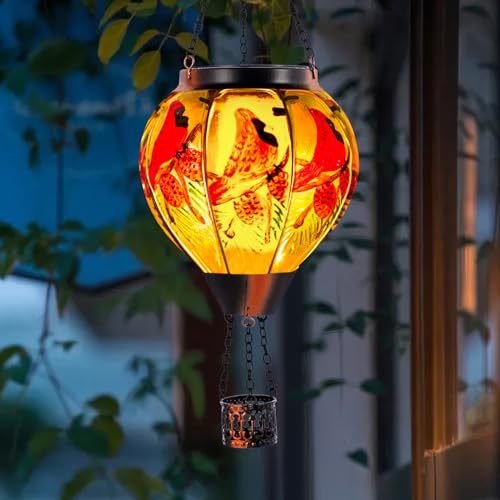 Cardinal Solar Hot Air Balloon Lantern with Flame, Glass Balloon Solar Lantern Outdoor Waterproof, Hanging Hot Air Balloon Solar Light, Cardinal Gifts for Mom Woman Christmas - color: Red