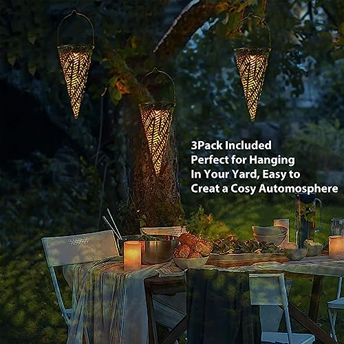 Outdoor Decorative Solar Hanging Lights with Delicate Hollow Conical Lantern Design - Set of 3 Chandelier for Patio, Tree, Garden, Yard, Porch, Backyard Pathway and Christmas Decoration.