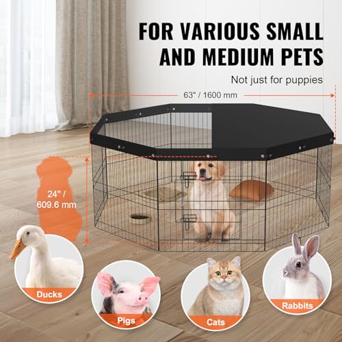VEVOR Foldable Metal Dog Exercise Pen, Pet Puppy Playpen Yard Fence with Top Cover & Door, Indoor Outdoor 8 Panels 24" W x 24" H Dogs Crate Kennel with Ground Stakes for Small & Medium Dogs - size: 8 panels 24*24in, style: Playpen + Top Cover