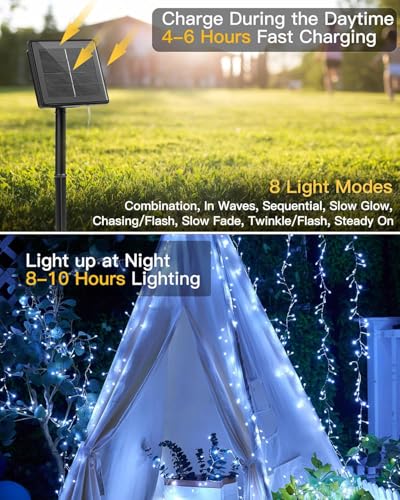 Brightown Solar Lights for Outside, 9.8Ft 120 LED Solar String Lights Outdoor Waterproof, 8 Modes Firecracker Balcony Light for Tree Patio Christmas Party Wedding Decor (Pure White) - color: Cool White, size: 9.8Ft