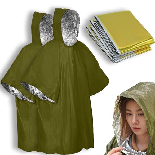 4X Survival Gear kit, Emergency Poncho (2pc), Emergency Space Blanket (2pc), Mylar Liner - Retains 92% Body Heat, for Outdoors, Hiking, Camping, Bug Out Bag, Marathons or First Aid, Car (Green) - color: Green