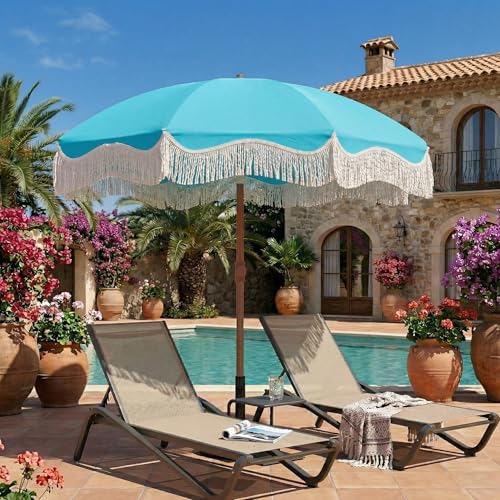 7ft Patio Umbrella with Fringe, Boho Beach Umbrellas, Outdoor Tassels Umbrellas with Push Button Tilt & Carrying Bag, 8 Windproof Fiberglass Ribs, UPF50+ - color: Light Blue