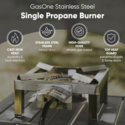 GasOne Stainless Steel Single Propane Burner - Outdoor Cooking with Heat Shield and Guard – Propane Burner Head for Camping, Tailgating, Seafood Boil, Home Brewing - Patented - color: Stainless Steel, size: Single Burner