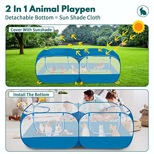 73" Large Small Animal Playpen with Detachable Bottom, Portable Chicken Coop Run and Chick Brooder, Pop Up Pet Enclosure Tent for Guinea Pigs, Bunnies, Puppies, Cats, Indoor/Outdoor Exercise Pen - color: Blue with Detachable Bottom