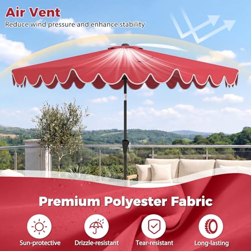Tangkula 10 FT Patio Umbrella with Base Included, 2-Tiers Outdoor Scalloped Table Umbrella with 2 Sandbags, Tilt Adjustment, Crank, 8 Ribs for Market Backyard Pool Deck Beach Lawn - color: Wine, size: 10 FT