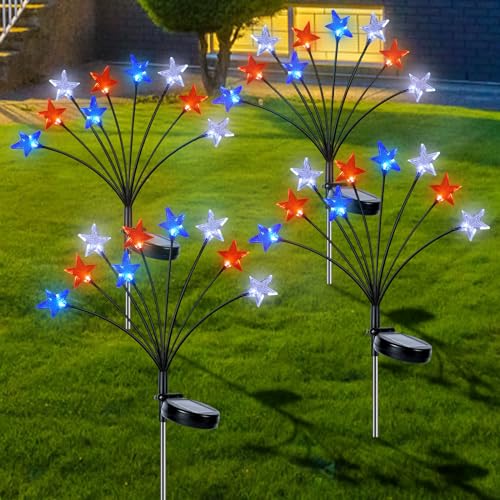 Lewondr 4th of July Decorations Solar Garden Lights, Fourth of July Red White and Blue Star Solar Lights Outdoor, Waterproof Patriotic Decor with 9 LED 2 Lighting Modes for Independence Day, 4 Pack - size: 4 Pack, style: 3-Color Star