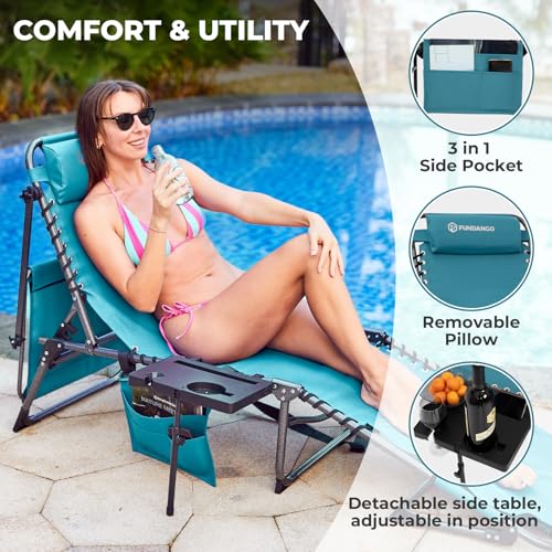FUNDANGO 4 in 1 Tanning Chair with Face Hole, Beach Lounge Chair w/Canopy Shade & Side Table Chaise Lounge Chairs for Patio, Pool, Lawn, Sunbathing, 5-Position Adjustable Sun Lounger, Cyan - color: #Ucp 1 Pack Cyan, style: UltimateComfort Pro 5 Position C
