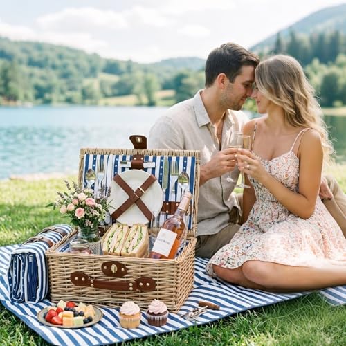 Wicker Picnic Basket for 2 with Waterproof Picnic Blanket and Insulated Bag Classic Blue and White Star Stripes Pattern for Soccer Game, Camping, Travel, Birthday Gift, Wedding Gift - color: Blue and White Stars