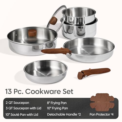 CAROTE 13 PCS Tri-Ply Stainless Steel Cookware Set with Detachable Handle, Pots and Pans Set, Induction Kitchen Cooking Sets, RV/Camping Cookware, Oven Safe - color: Silver, size: 13 PCS
