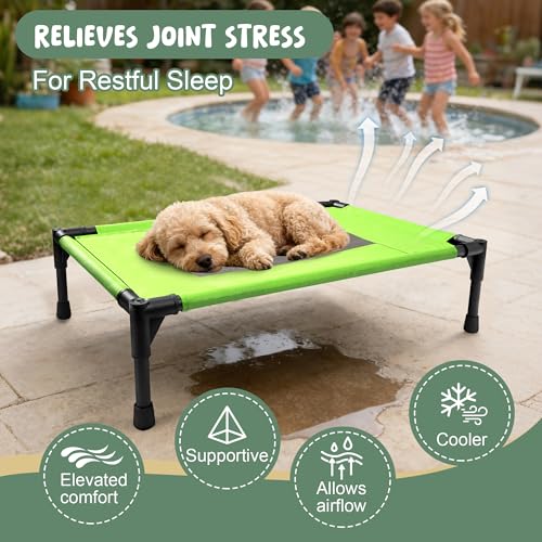 Elevated Dog Bed for Large Dogs - Outdoor Cooling Cot with Washable Breathable Mesh, Portable Raised Pet Bed with Non-Slip Feet & Waterproof Teslin, Heavy Duty & Chew Proof for Camping (Green, Small) - color: Green, size: Small 26"l X 17"w X 7"h