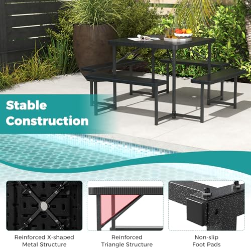 Byroce Outdoor Picnic Table for 4-8 Person, HDPE Picnic Camping Table Set with 4 Benches, Umbrella Hole & Metal Frame, Heavy Duty Square Dining Table Chairs for BBQ in Patio, Yard & Poolside (Black) - color: Black