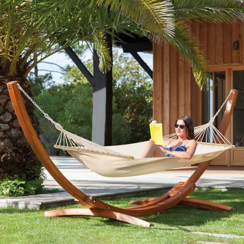 ECOTOUGE 14FT Wooden Double Hammock with Stand 2 Person Heavy Duty, Easy Assemble, Weatherproof Premium Quilted Camping Hammock for Outdoor, Patio(White) - size: 14FT