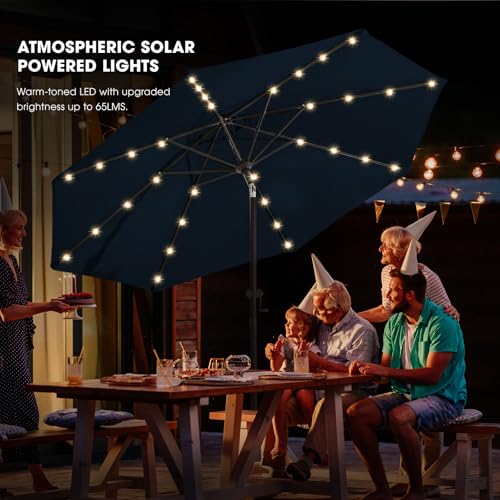 wikiwiki 9FT Solar Led Patio Umbrella with Base Included, 32 LED Lights, 8 Sturdy Ribs, Fade Resistant Waterproof POLYESTER DTY Canopy for Garden, Lawn, Deck, Backyard & Pool, Navy Blue - color: Navy Blue, size: 9FT