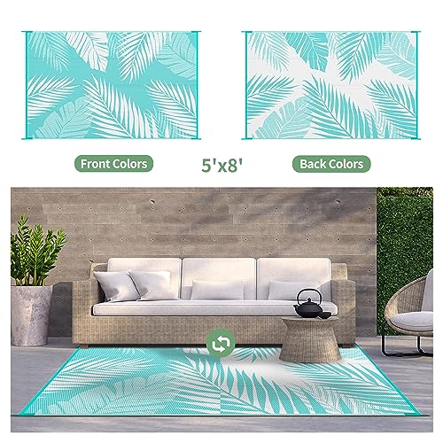 GENIMO Outdoor Rug 5' x 8' Waterproof for Patios Clearance, Reversible Outdoor Plastic Straw Camping Rug Carpet, Large Area Rugs Mats for RV, Picnic, Backyard, Deck, Balcony, Porch, Aqua Blue&White - color: Aqua Blue & White | Waterproof, size: 5' x 8' (R