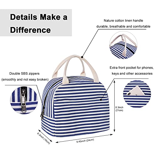 EurCross Blue and White Stripes Lunch Bag Women,Cooler Tote Bag Insulated Lunch Bento Box Bag, Canvas Portable Tote Thermal Bag for Adult Women and Men for Work - color: Blue Stripes