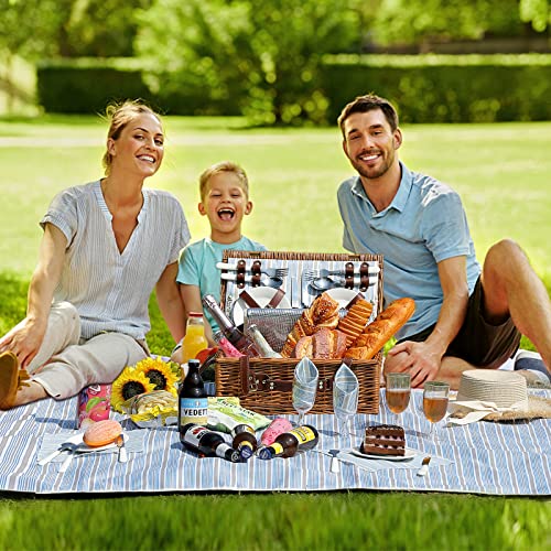 Picnic Basket for 4 Persons with Waterproof Picnic Blanket and Insulated Cooler, Large Wicker Picnic Basket for Camping, Outdoors, Valentine's Day, Christmas, Birthday, Wedding Gift - color: Green Stripes