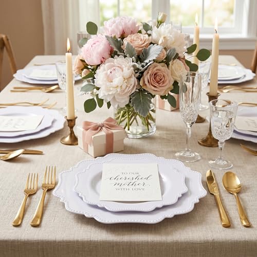 COLOSUS 100 pcs White Plastic Plates Set,Fancy Beaded Plates-European Retro plates include 50 dinner plates and 50 dessert plates,Plastic Disposable plates for BBQ and Party - color: White
