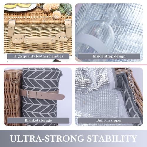 Neti Neti Wicker Picnic Basket for 4 with Insulated Cooler & Waterproof Blanket – Large Willow Picnic Hamper for Outdoor, Camping, Beach, Romantic Dates, Valentine’s Day - color: Gray Arrowheads