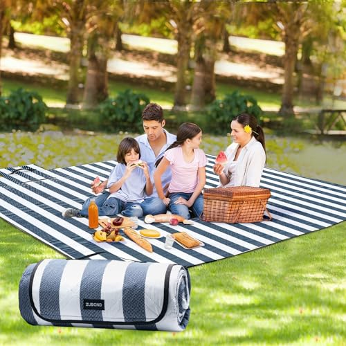 ZUBOND Picnic Blanket 80''x100'', Waterproof Sandproof Beach Outdoor Camping Mat Extra Large Foldable Gingham Big Travel Essential Accessories Gift Park Patio Lawn Garden Grass Ground Music Festival - color: Blue White, size: 80 x 100 Inch