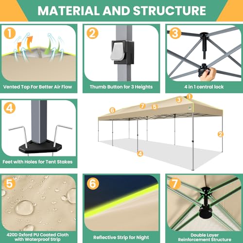 COBIZI 10x30 Pop Up Canopy, Wedding Party Tent Without Sidewall One Push Setup Glow, 3 Adjustable Height Air Vent Waterproof UPF50+, Wheeled Bag, 4 Sandbag, 8 Stake, Ropes for Commercial, Outdoor - color: Khaki, size: 10x30