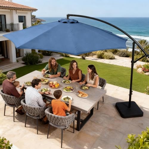 OLILAWN Cantilever Offset Patio Umbrellas, Outdoor 10 feet Large Patio Umbrella with Base Included, Upgraded Yarn-dyed Fabric Shade, Sturdy 8 Rids, 360 Degree Rotation & Easy Tilt Adjustment, for Pool Deck Porch Backyard Garden - color: Sapphire, size: 10