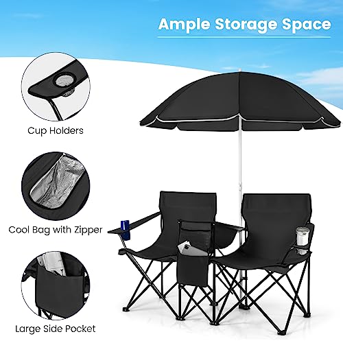 Double Camping Chair, 2-Person Portable Beach Chair w/Removable Umbrella, Cup Holders & Carrying Bag, Folding Loveseat Chairs for Adults Outdoor Picnic (Black) - color: Black
