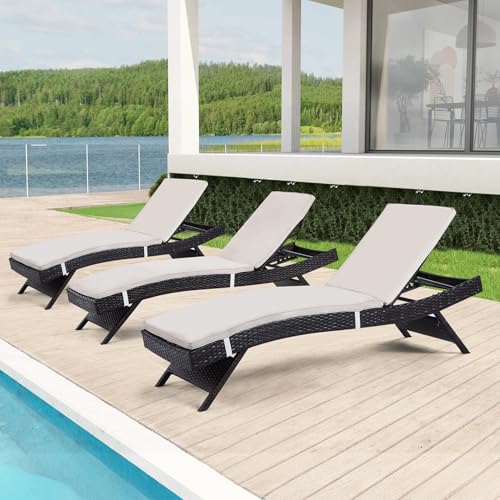 Outdoor Chaise Lounge Chairs Set of 3 with Detachable Cushions, Pool Sunbathing Recliners PE Rattan Patio Loungers Wicker for Outside Porch Backyard Poolside Deck Porch - color: 3 Chairs + 3 Cushions