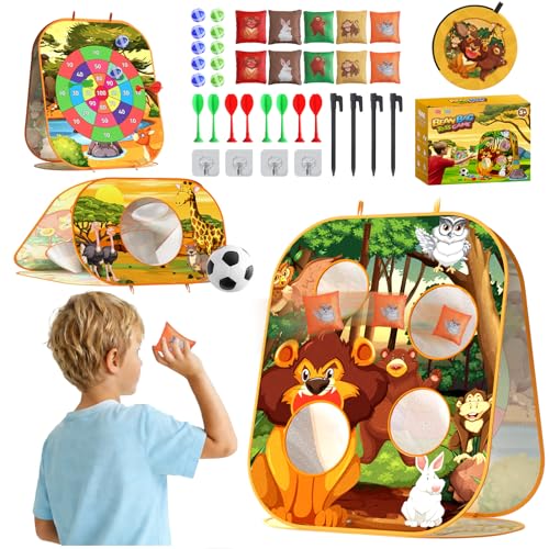 4-in-1 Animal Bean Bag Toss Game for Kids, Cornhole Board Set with Dart Board for Toddler Outdoor Toys, Family Party Game Backyard Beach Lawn Activities Gift for Boys & Girls Ages 3 4 5 6 7 8 - color: Zoo