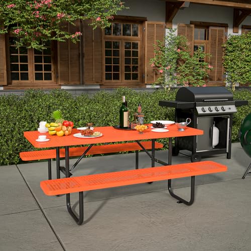 72'' Steel Rectangular Metal Picnic Table for Outdoors, Commercial Picnic Table with Umbrella Hole of Up to 1-1/2" Diameter, for Garden Courtyard BBQ, Orange - color: Orange