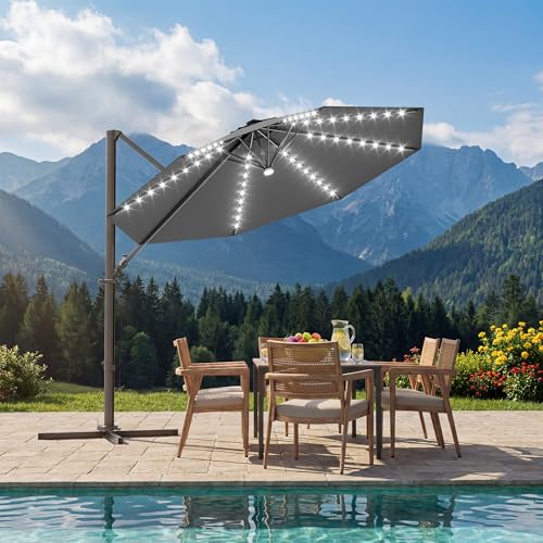 Patiowell 10 FT Patio Umbrella with Solar LED Light, Outdoor Cantilever Umbrella with 360 Degree Rotation, Outside Large Round Sun Umbrella with Frame for Backyard Garden Poolside, Gray - color: Gray with Light, size: 10 FT